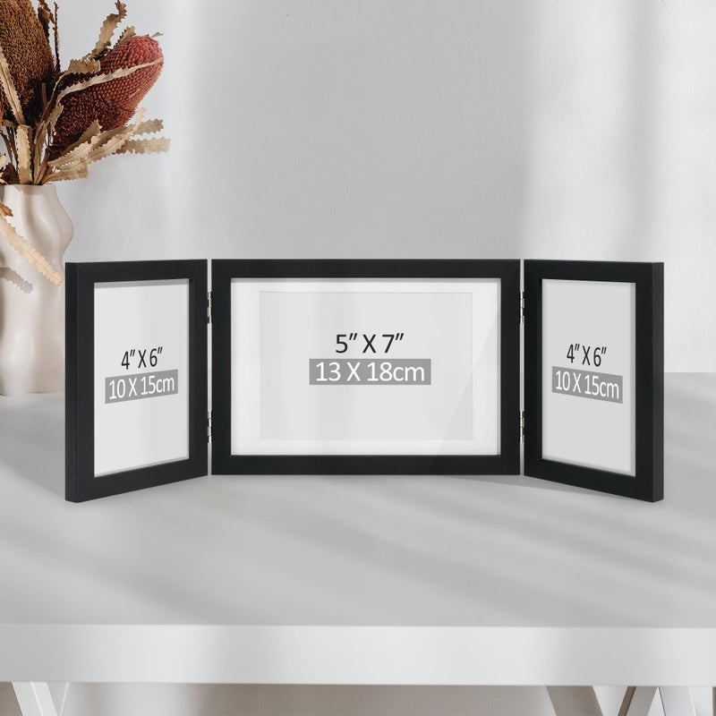 Afuly 5x7 Picture Frame Black 4x6 3 Picture Frames Collage Hinged Folding Triple Photo Frames Home Decor for Wall Desktop Christmas Wedding Birthday Gifts for Women Mom Grandma Family, 2*4x6+1*5x7 - Image 3
